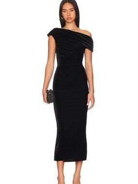 Lovers + Friends Black One-Shoulder Velvet Midi Dress